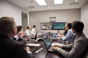 View of a Polycom RealPresence Group Series System with EagleEye Director in use.